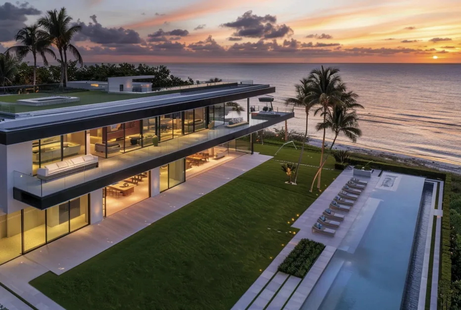 A beachfront villa at sunset